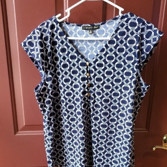 Always Indigo Blue and White Cap Sleeve Buttoned Blouse - Picture 1 of 7